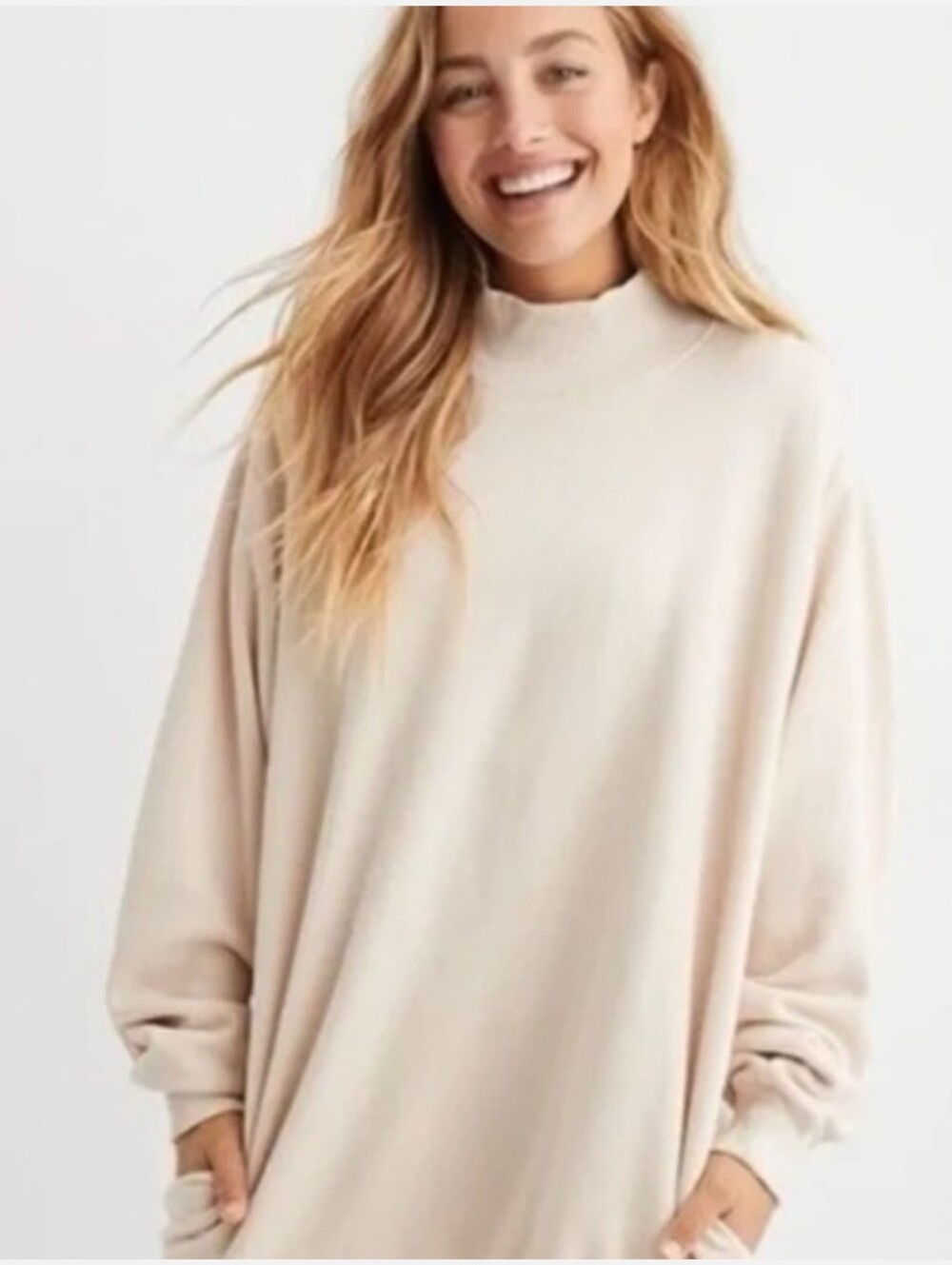 Aerie Mock Neck Sweatshirt Pink Size Medium Pockets Oversized Cotton Blend